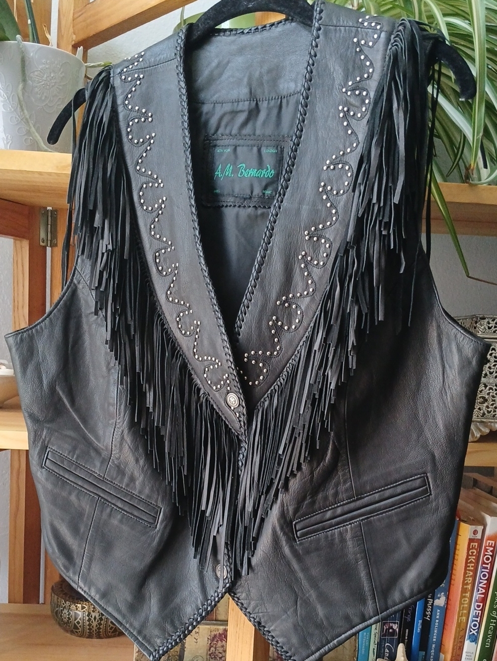 Sz. M - Black Leather Fringe Vest with Stud Accents